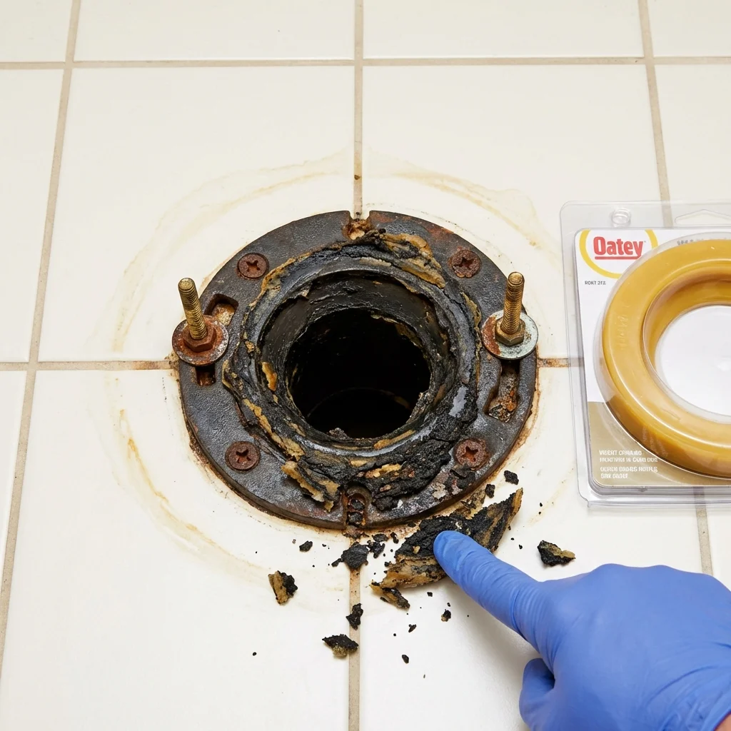 Failed wax ring showing water seepage at the base of a toilet in a Butler, AL home