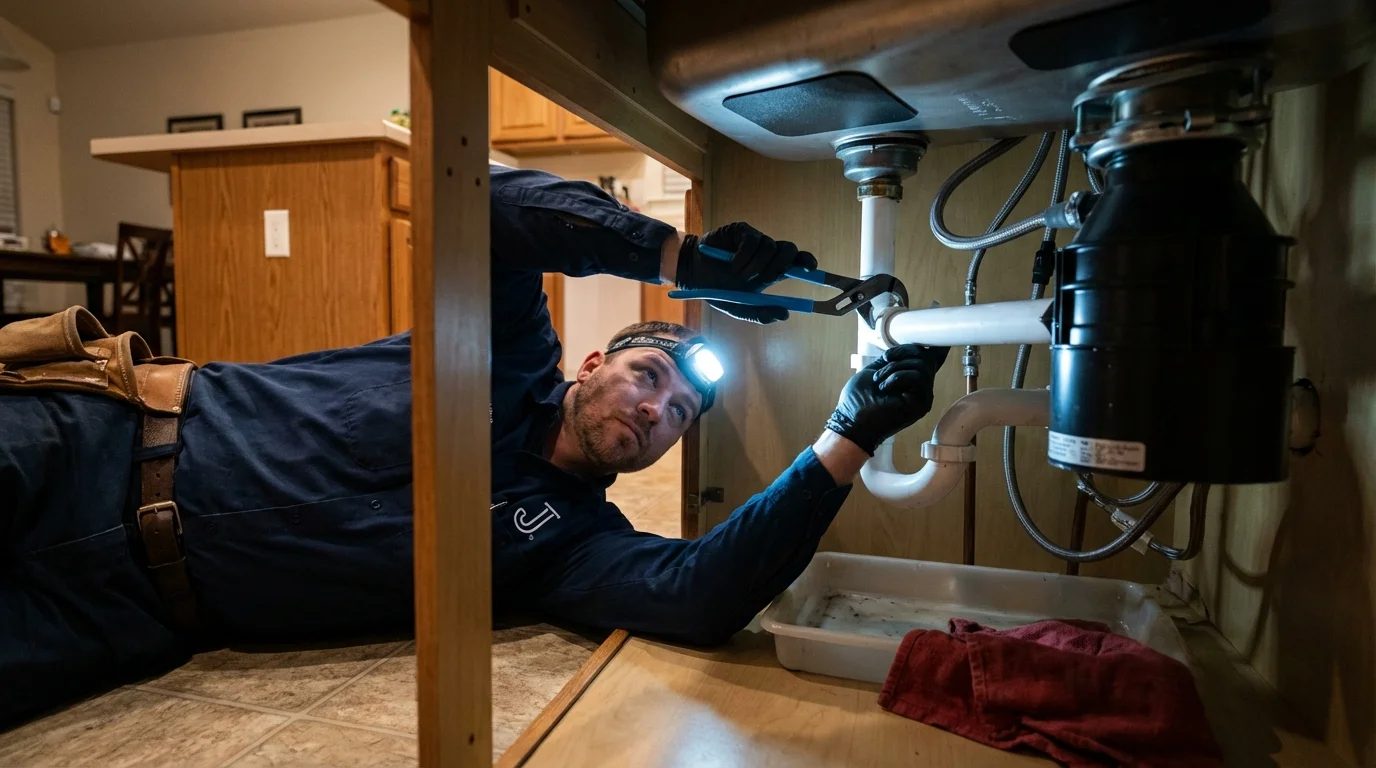 P-trap and supply line connections under a kitchen sink showing a common leak point in Butler, AL